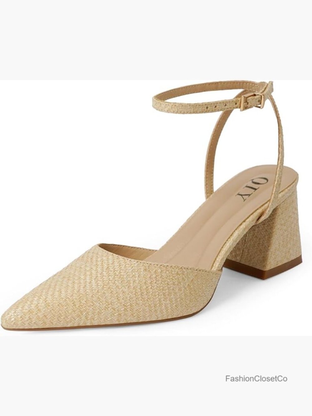 Woven Block Heel Pumps Ankle Strap Pointed Toe Chunky Low Heels Wedding Shoes
